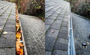 Double picture from above of a roof with clogged gutters on the left and cleaned gutters on the right.