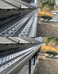 Close picture of new gutter guards on a house.